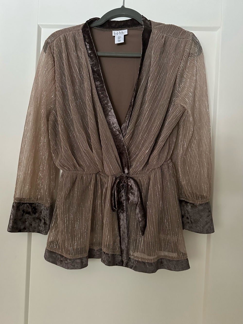 Metallic Taupe Blouse with Crushed Velvet Trim